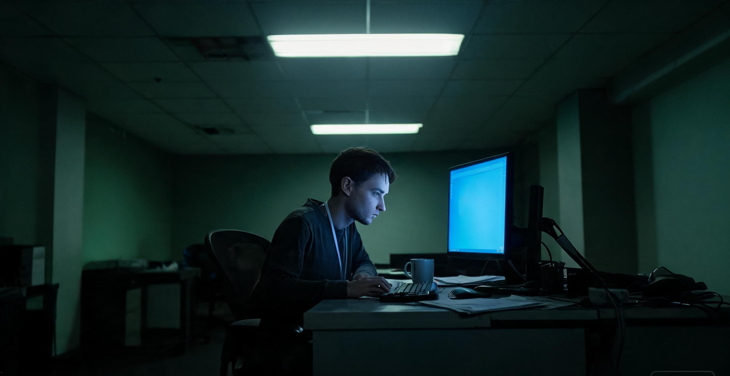 late-night office lit only by monitor glow and flat fluorescent tubes