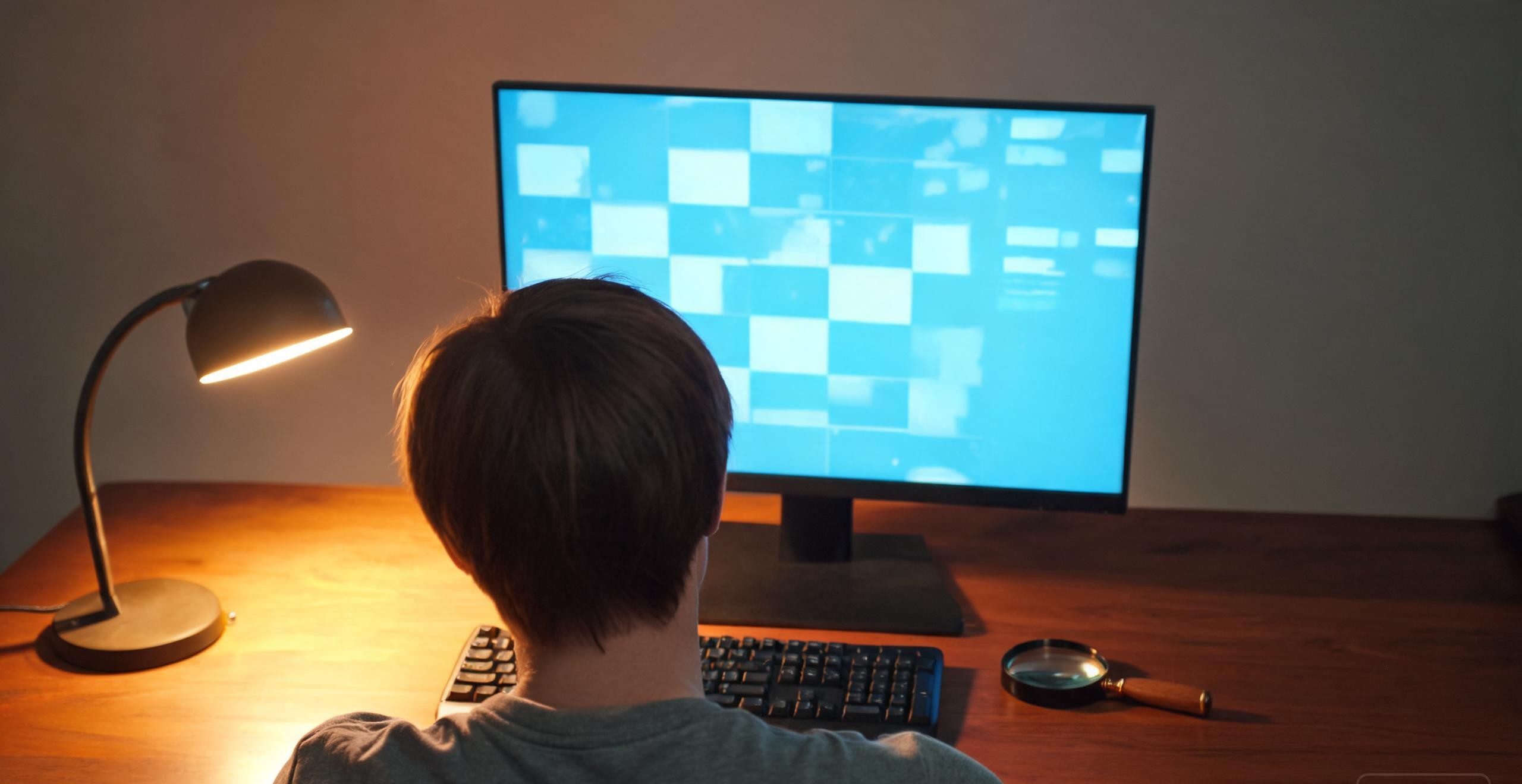 a reviewer studying generated video frames on a monitor