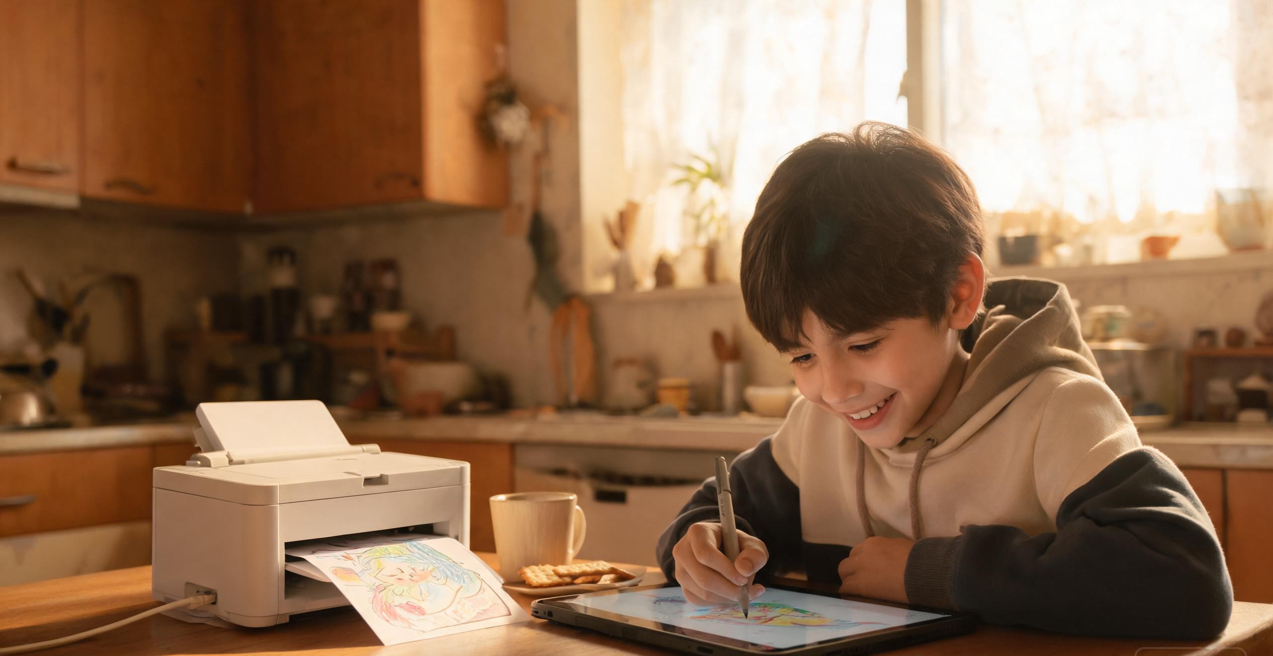 a child drawing on a tablet at a kitchen table while prints come out of a small printer