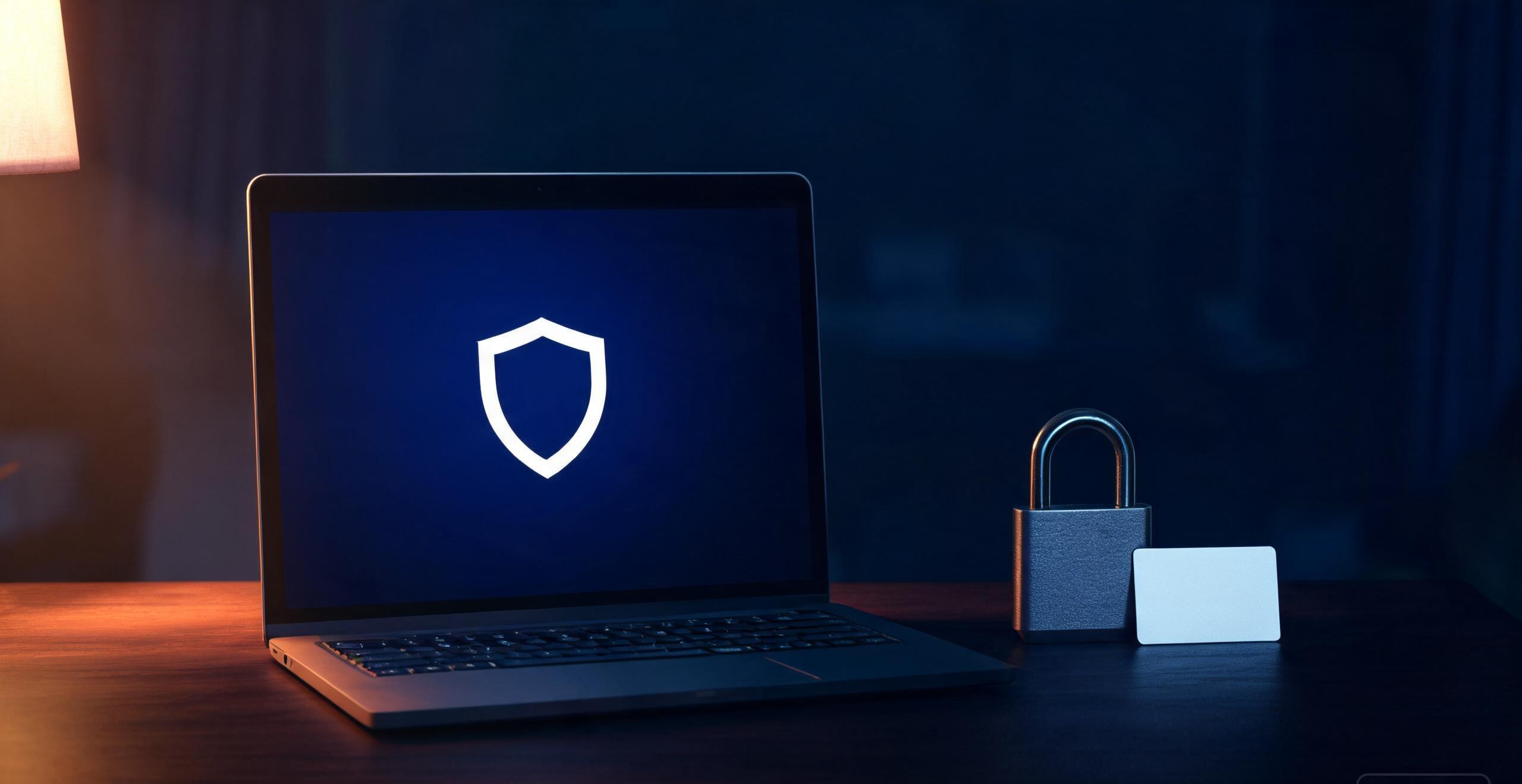 laptop with shield graphic beside a padlock and card