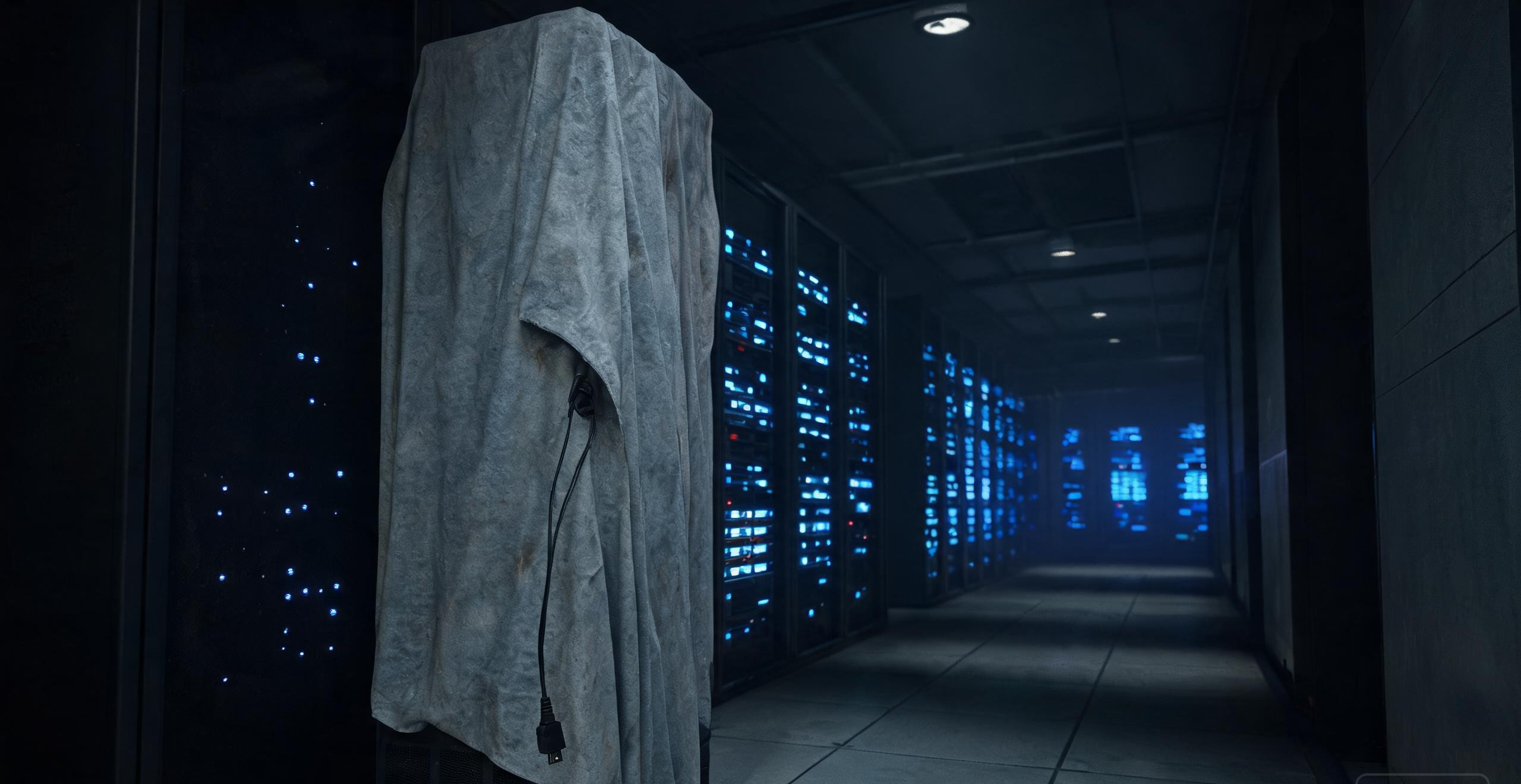 a dust-covered server rack in an otherwise glowing corridor