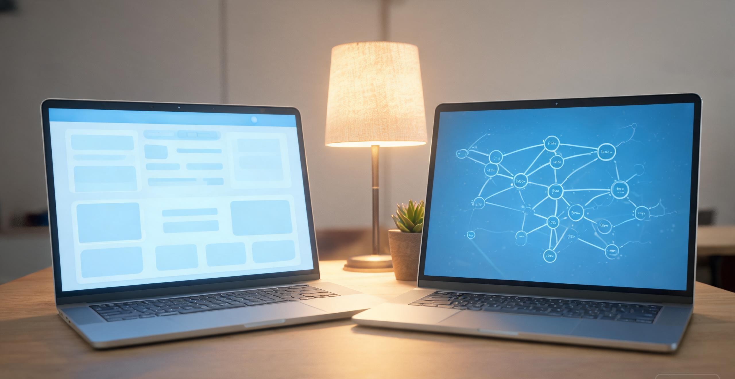 two laptops comparing a web interface against a node graph