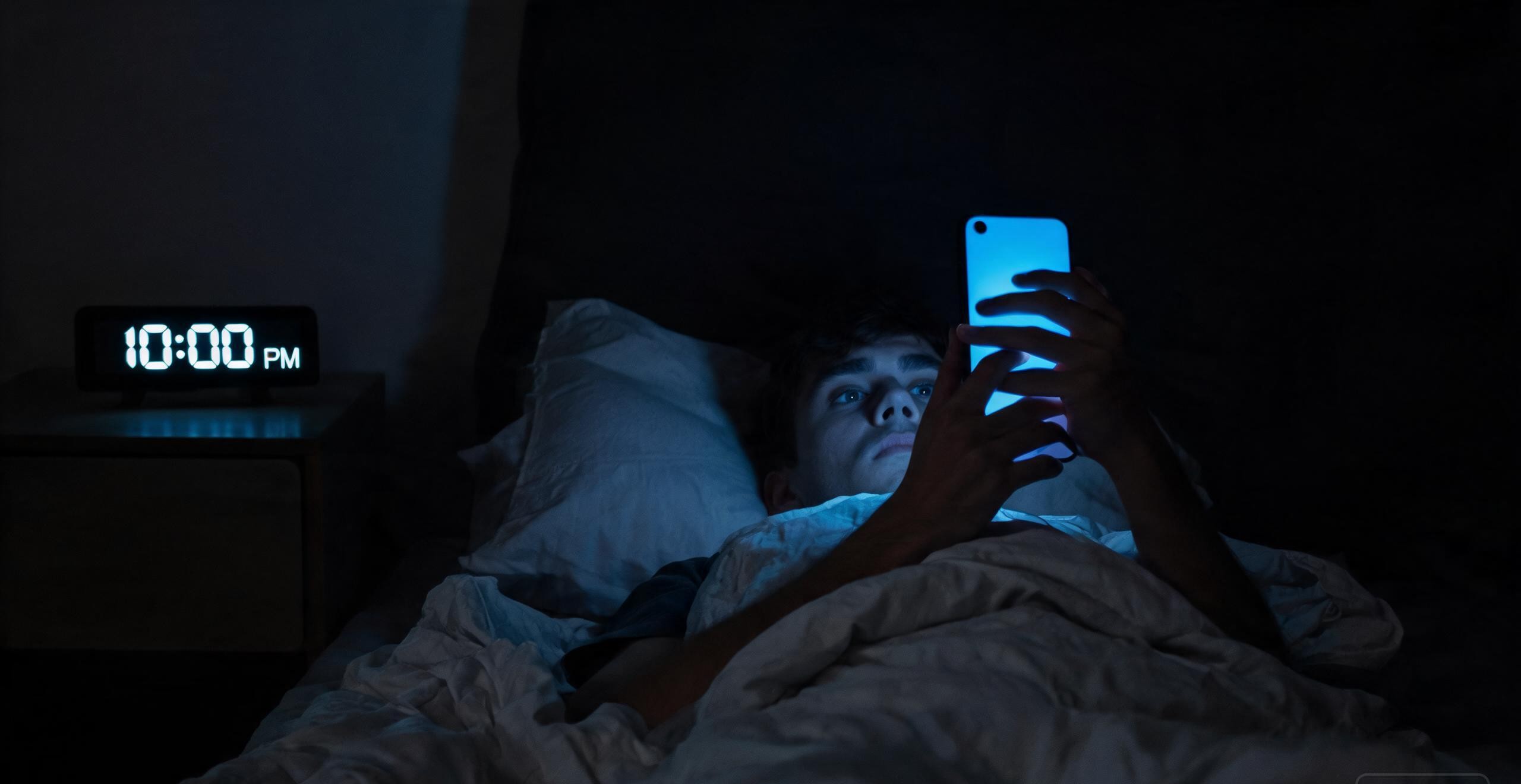 a person doomscrolling in a dark bedroom at ten pm