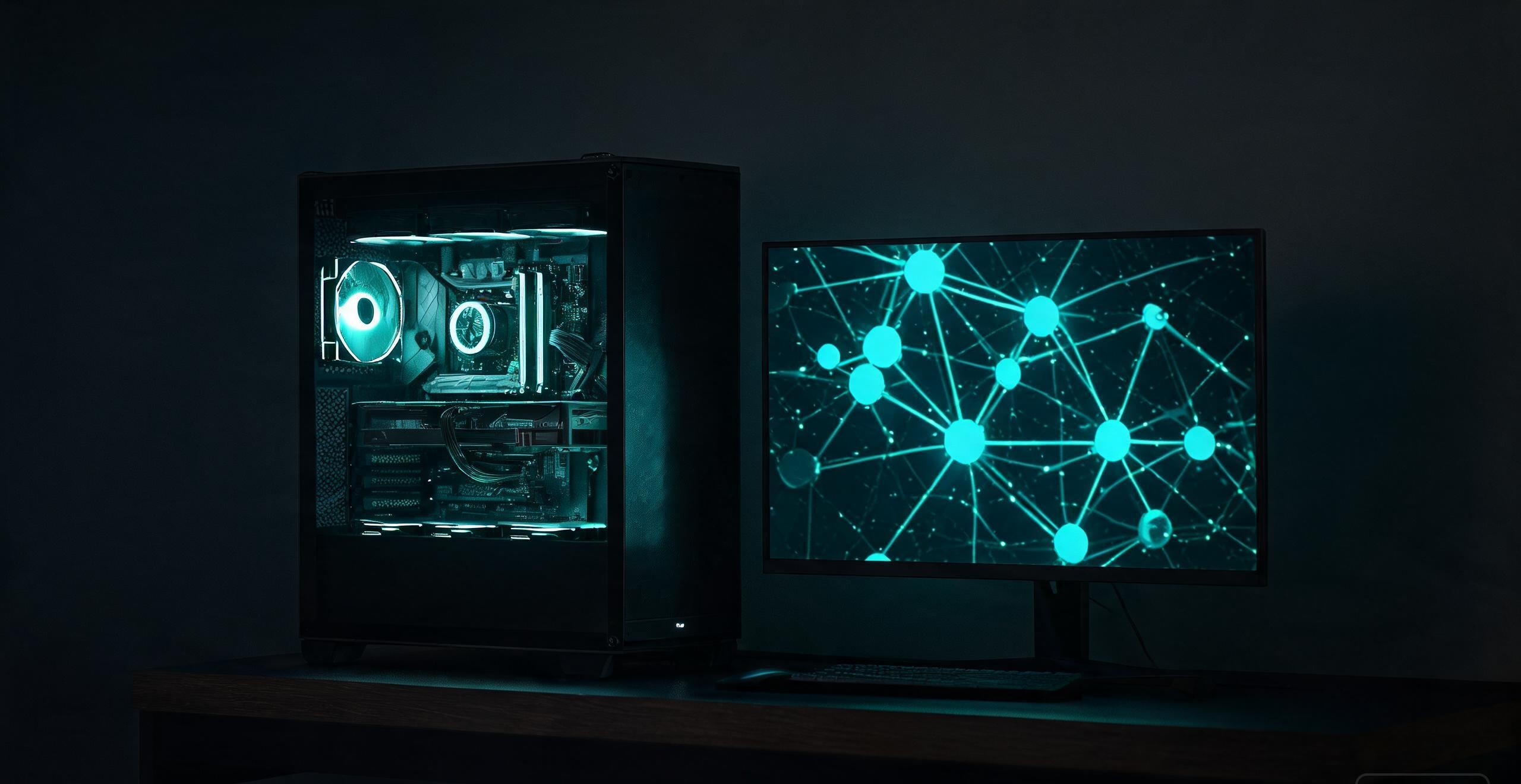 glass-panel PC tower with teal lighting beside a monitor of network graphics