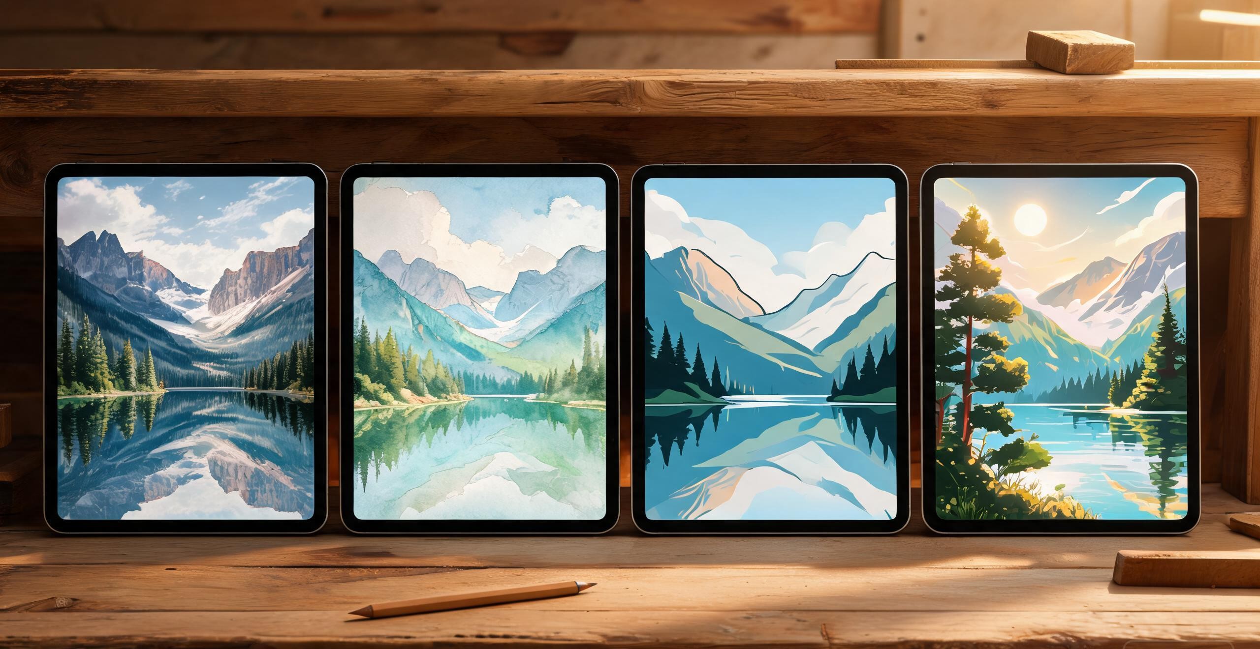 four tablets showing the same landscape in photoreal, watercolor, vector and anime styles