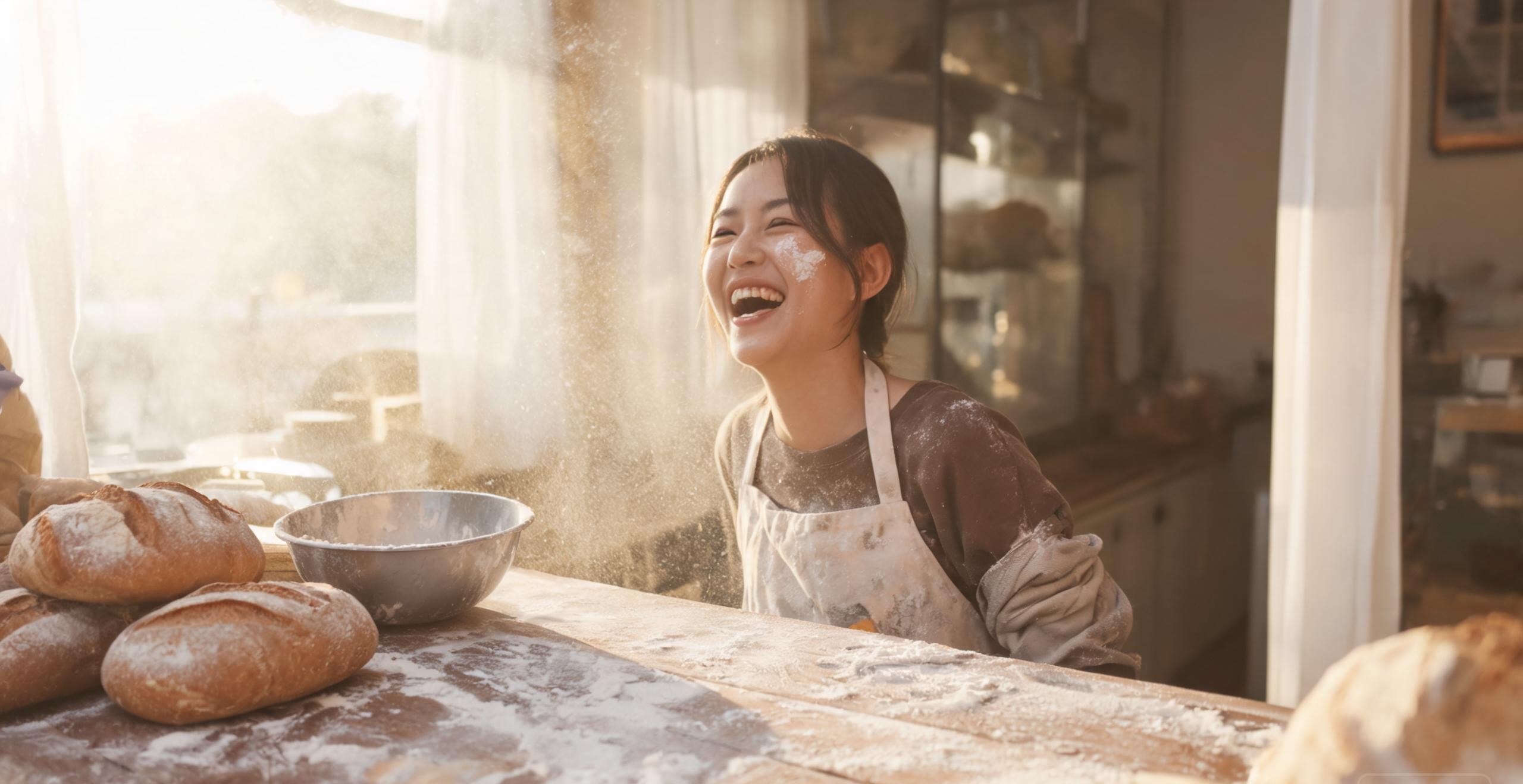 a bakery owner laughing mid-flour-dust in warm window light