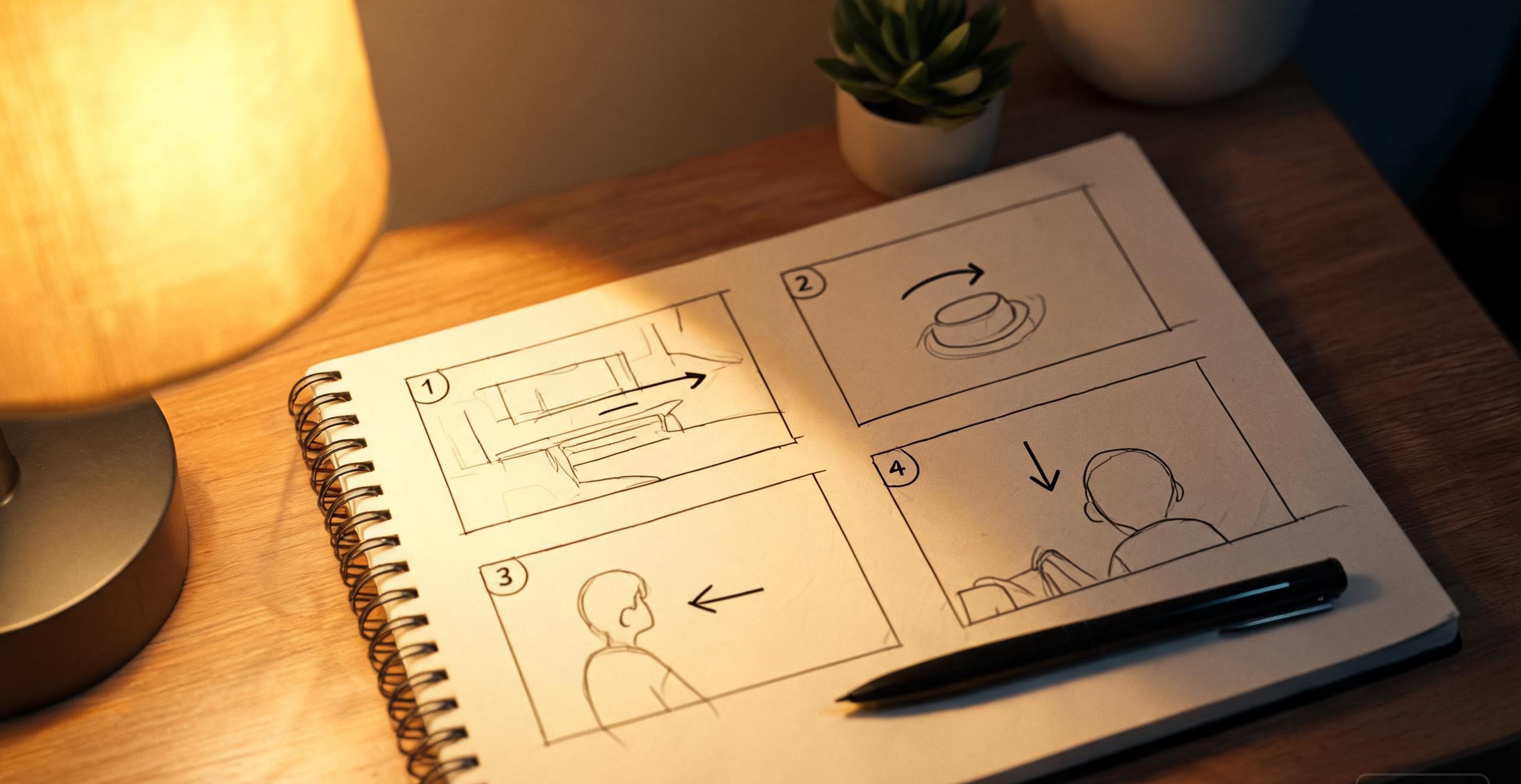 notebook with hand-drawn storyboard frames and camera movement arrows